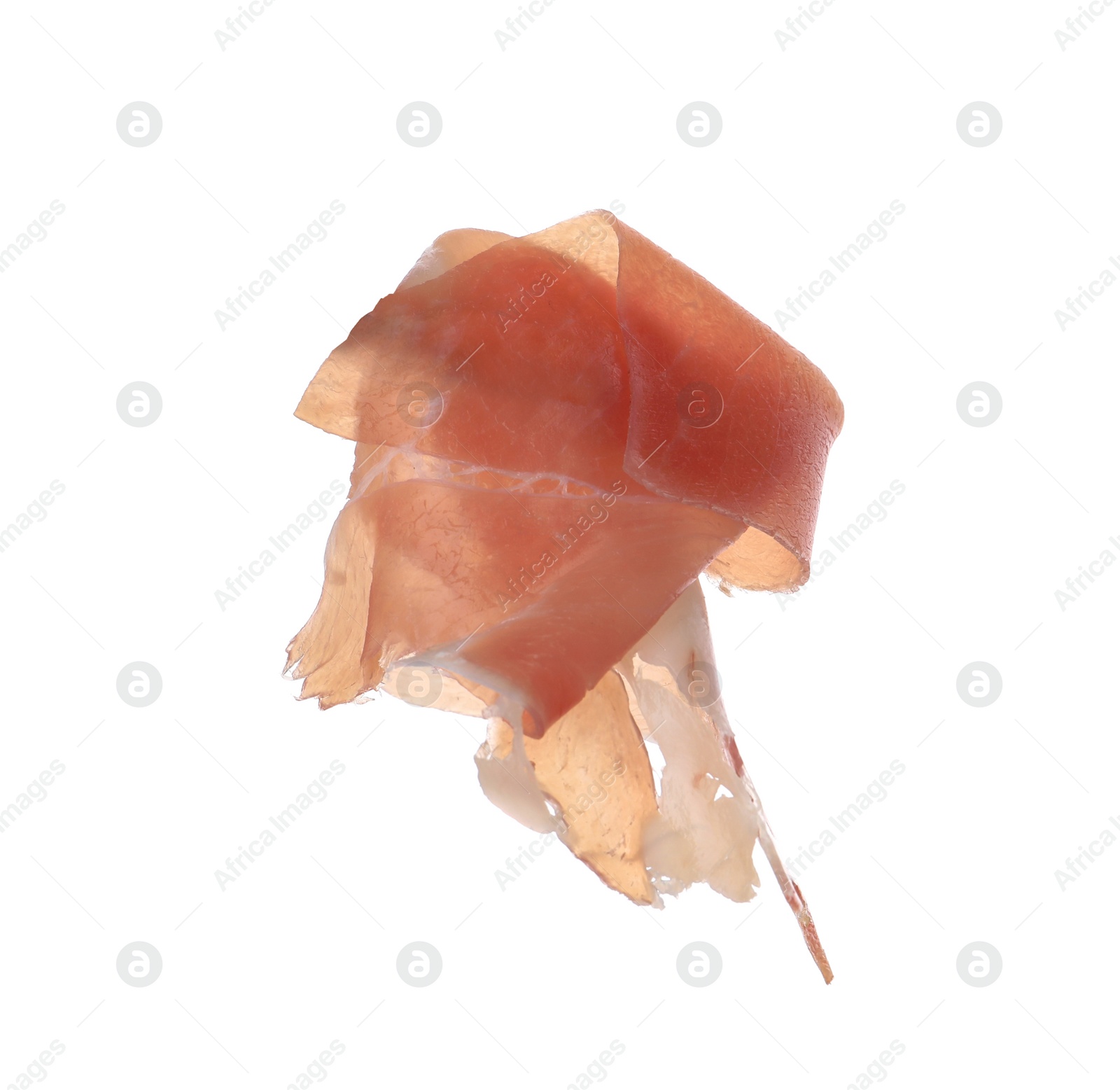 Photo of Slice of tasty prosciutto isolated on white