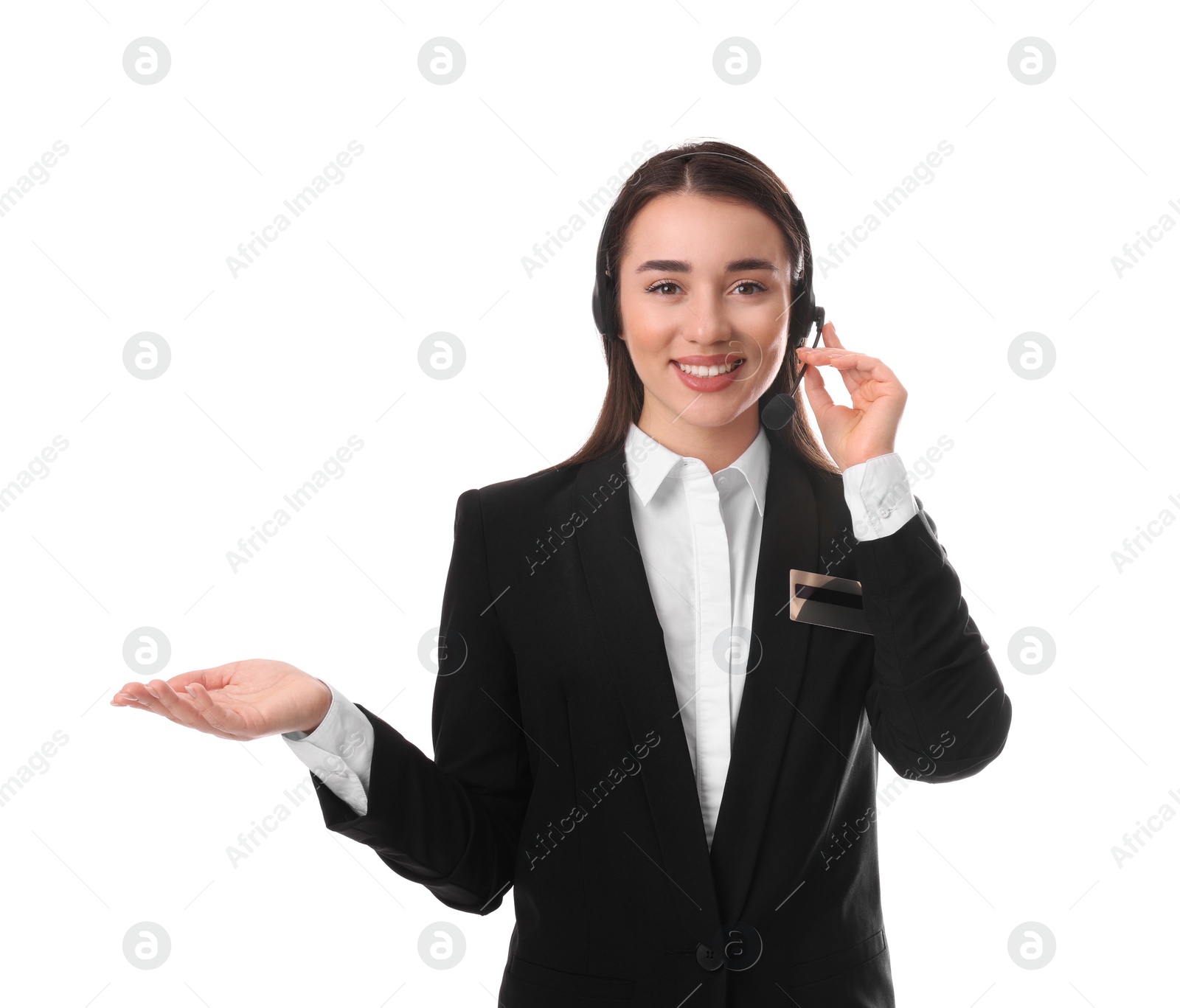 Photo of Portrait of receptionist with headset on white background