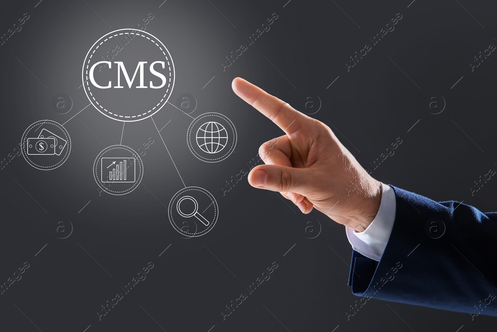 Image of CMS. Man using virtual screen, closeup. Scheme with icons on dark background