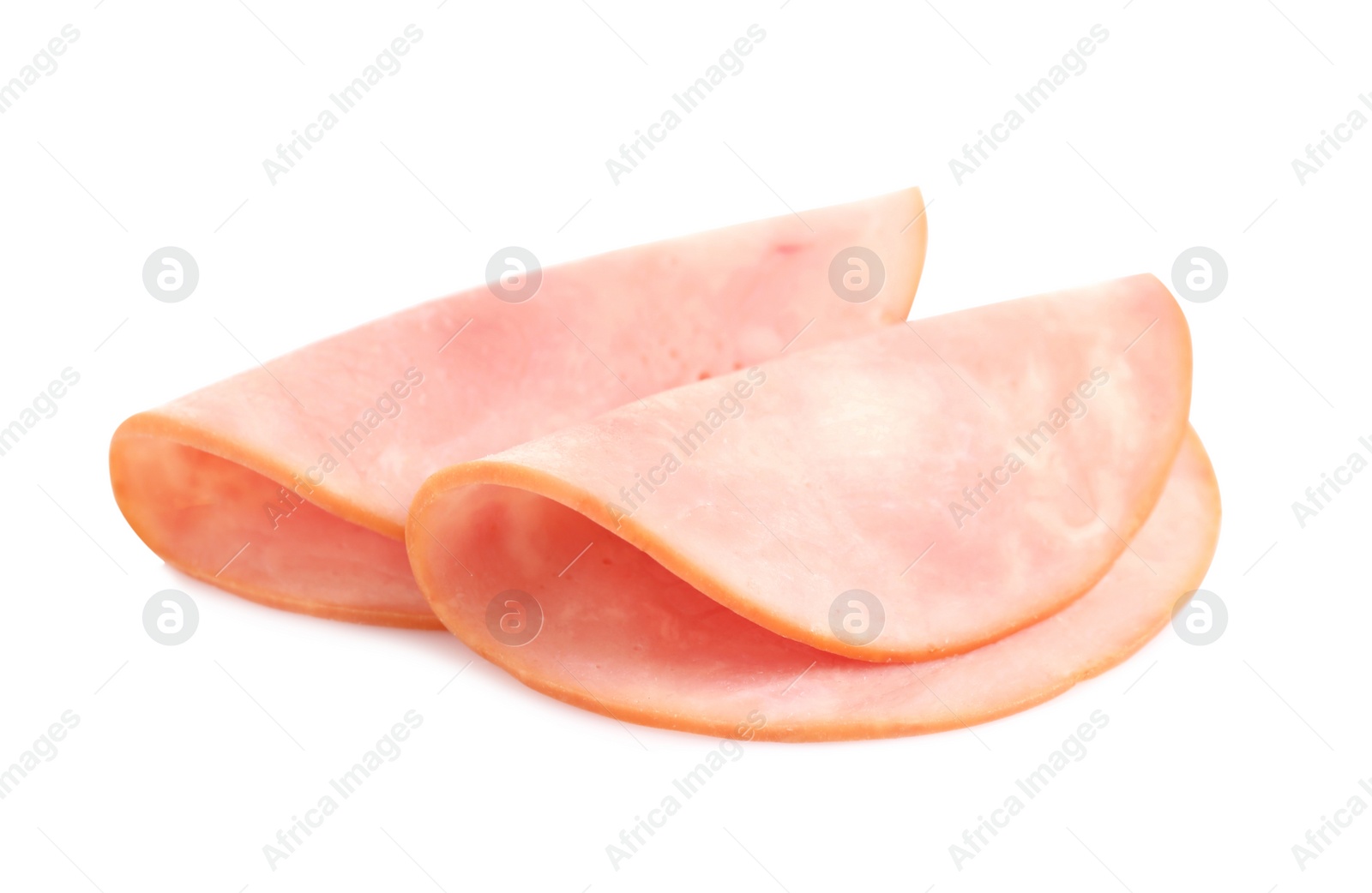 Photo of Slices of tasty fresh ham isolated on white