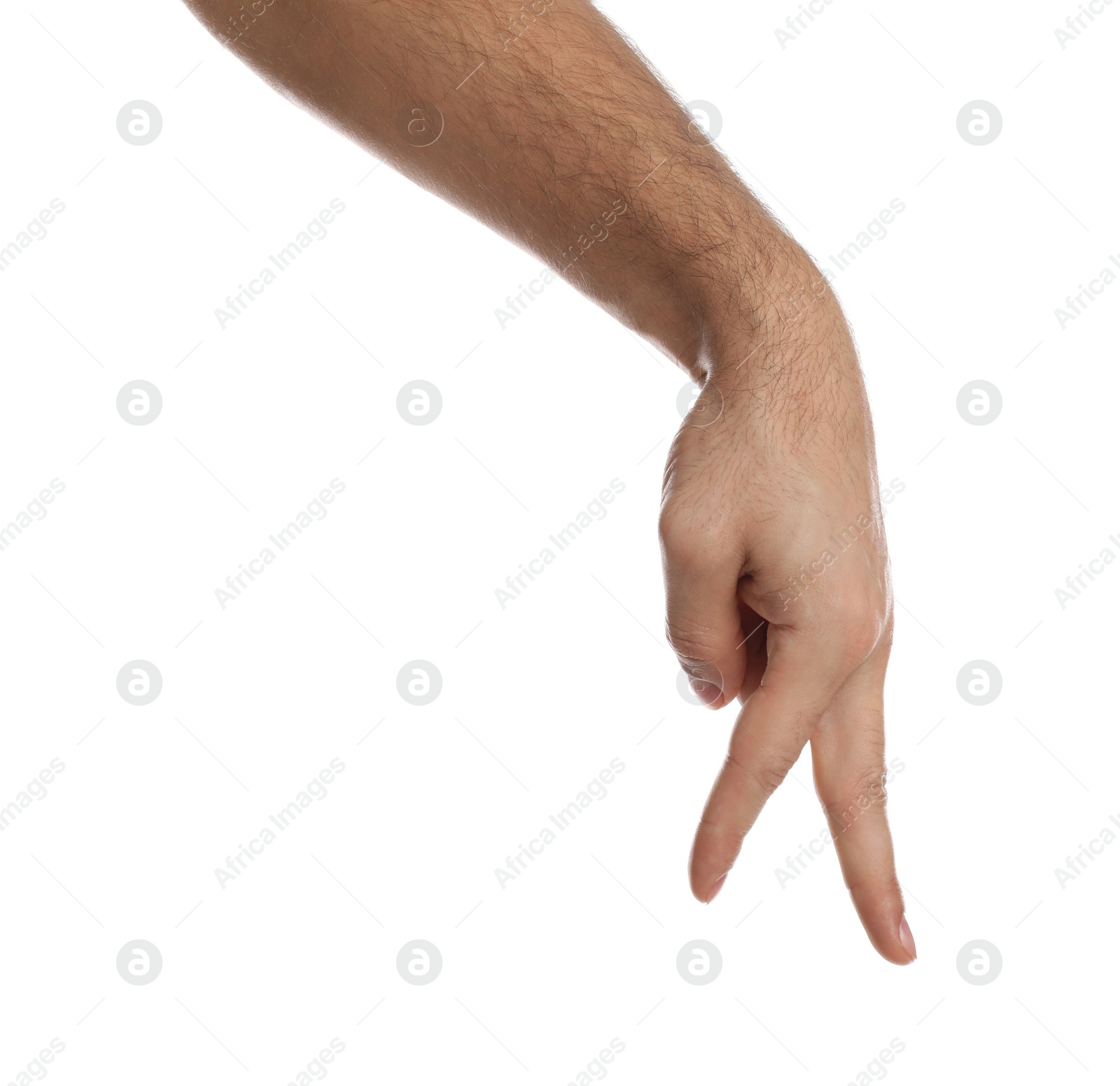 Photo of Man imitating walk with hand on white background, closeup. Finger gesture