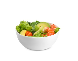 Photo of Delicious avocado salad with shrimps in bowl on white background