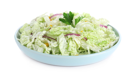 Photo of Fresh napa cabbage salad in plate isolated on white