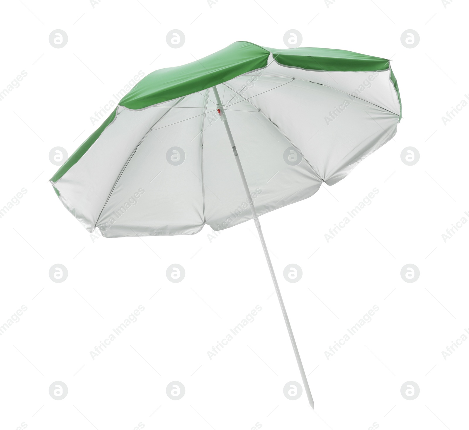 Photo of Open green beach umbrella isolated on white