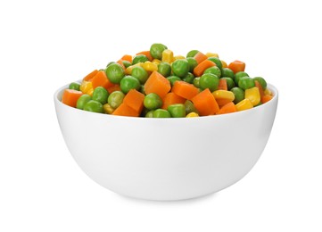 Photo of Mix of fresh vegetables in bowl on white background