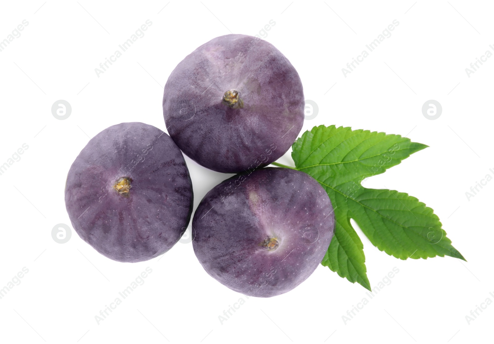 Photo of Whole fresh ripe figs with green leaf isolated on white, top view