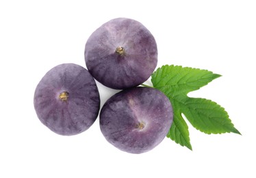 Whole fresh ripe figs with green leaf isolated on white, top view