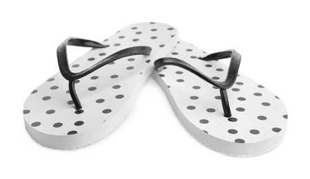 Photo of Pair of stylish flip flops isolated on white
