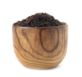 Bowl with uncooked black rice on white background