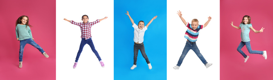 Image of Collage of jumping schoolchildren on color backgrounds. Banner design