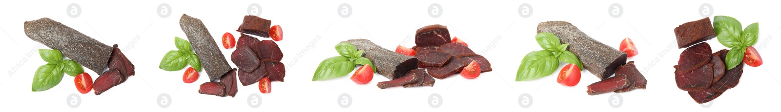 Image of Set with delicious dry-cured basturma on white background. Banner design