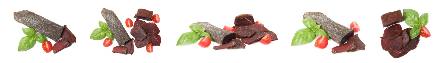 Image of Set with delicious dry-cured basturma on white background. Banner design