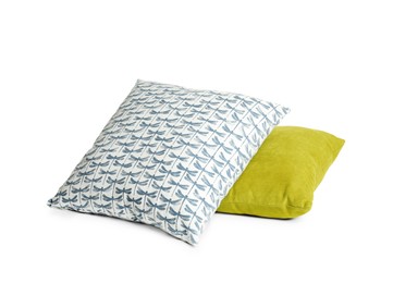 Different colorful decorative pillows on white background