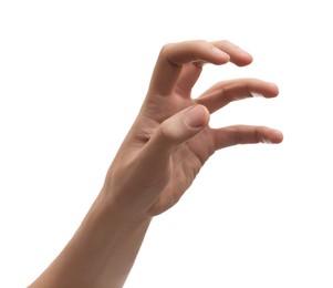 Man holding something in hand on white background, closeup