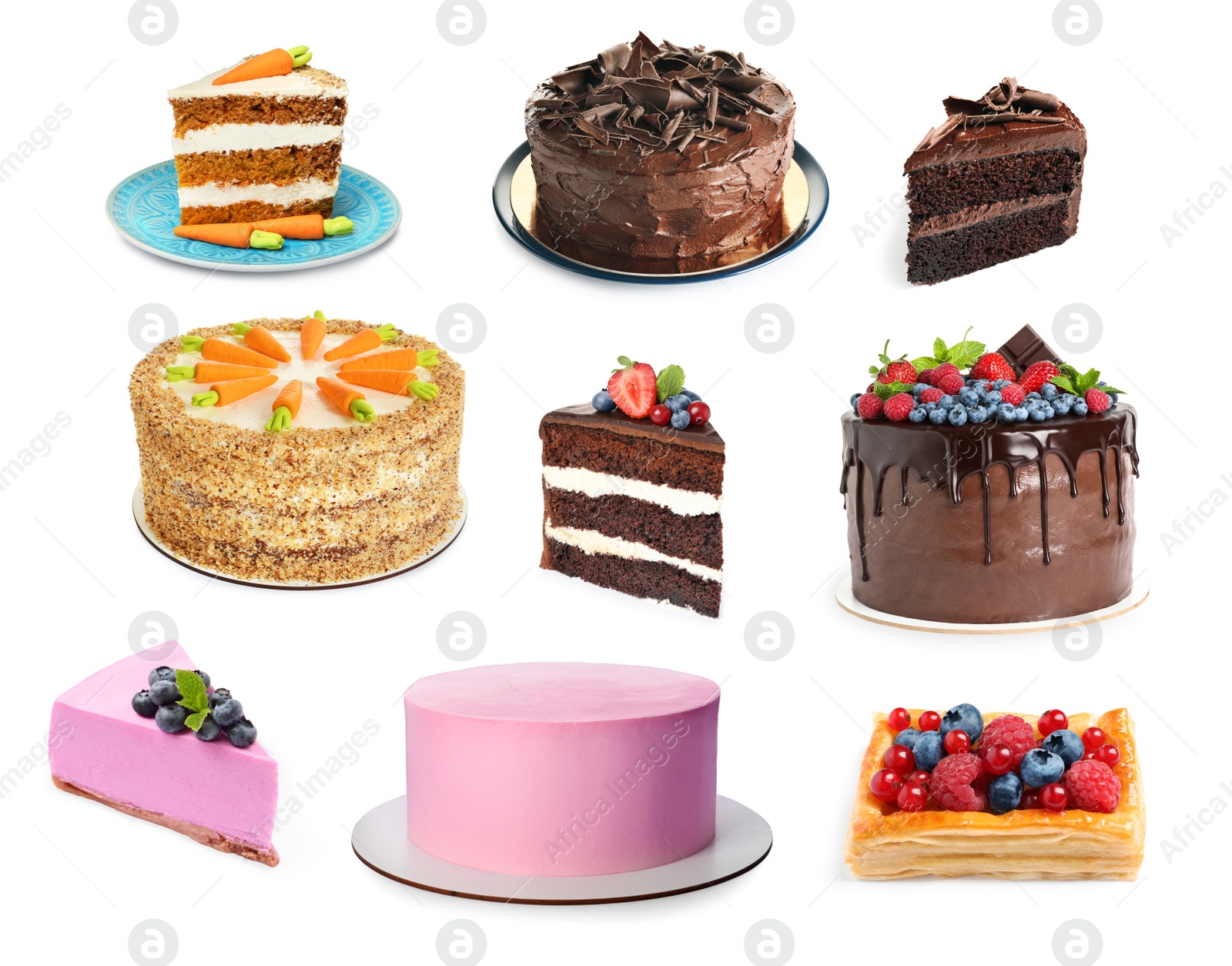 Image of Set with different tasty cakes on white background