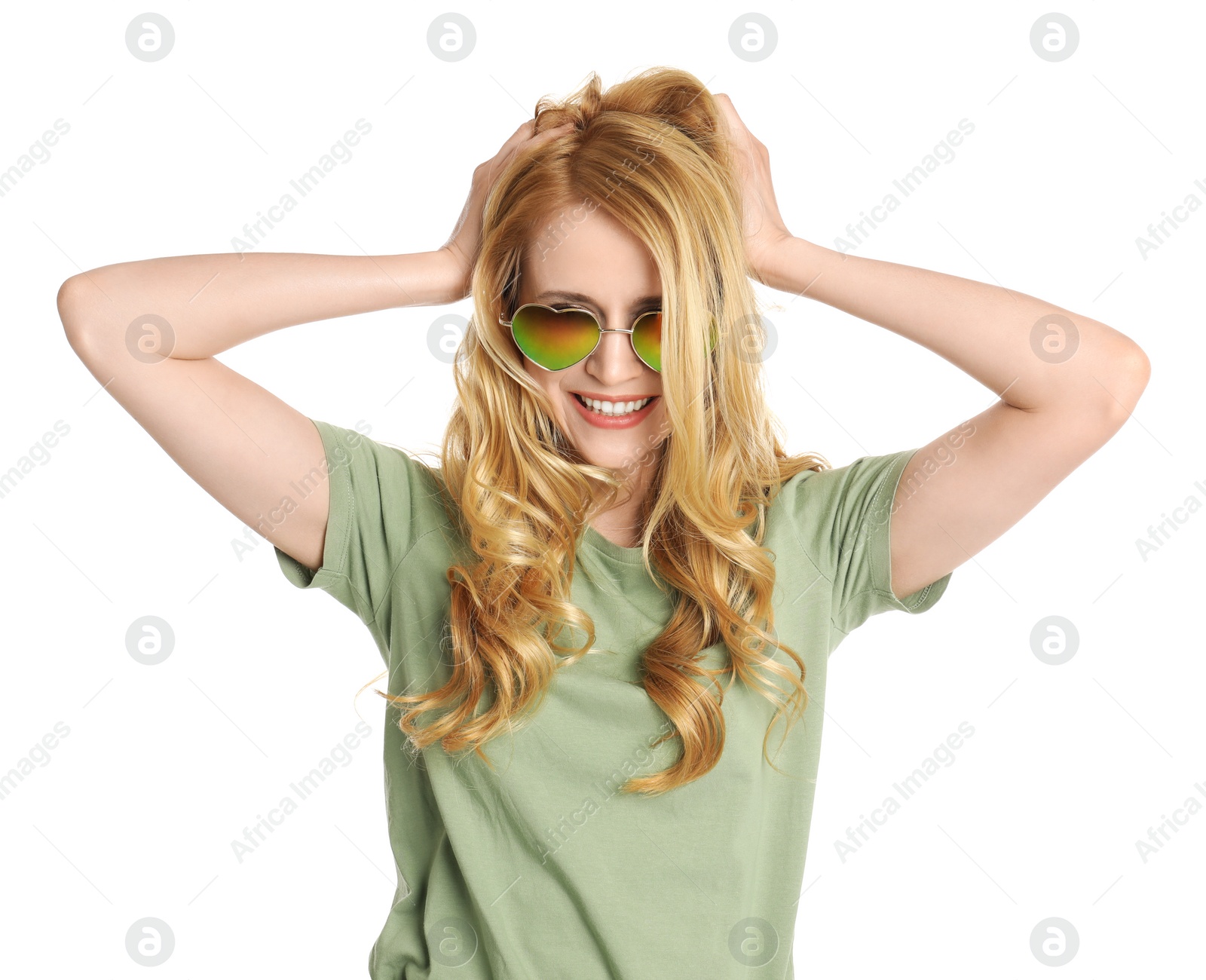 Photo of Portrait of beautiful young woman with dyed long hair on white background