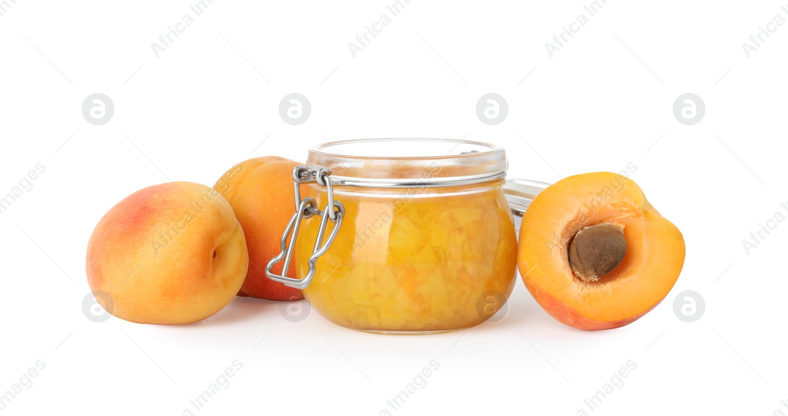 Photo of Jar of apricot jam and fresh fruits on white background