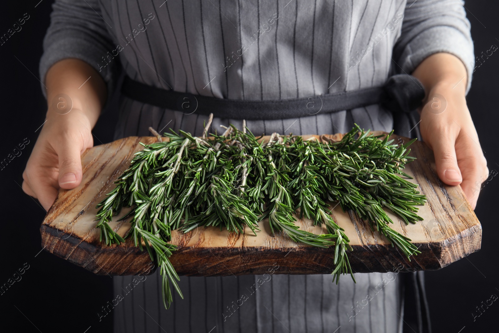 Photo of Woman holding wooden board with fresh rosemary twigs on black background, closeup