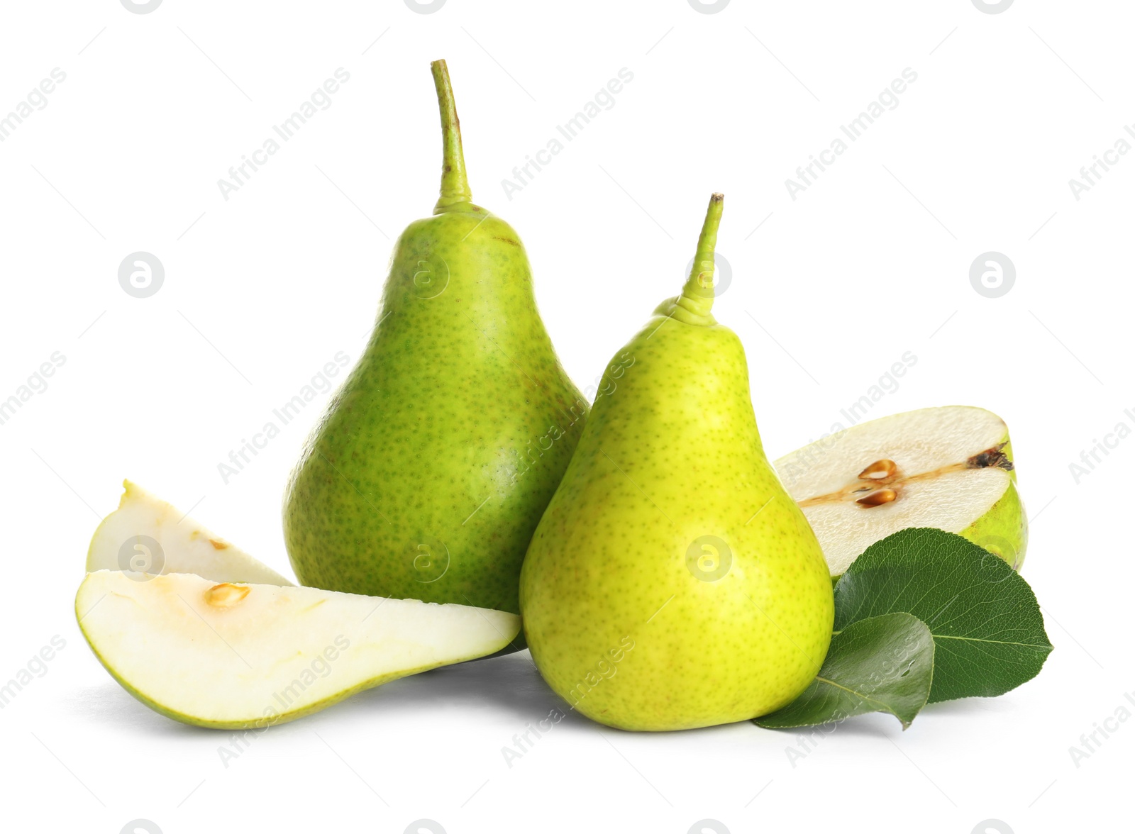 Photo of Whole and sliced pears on white background