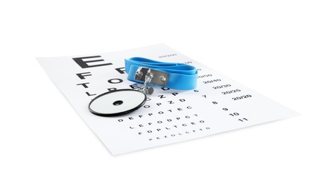 Photo of Eye chart test and head mirror on white background. Ophthalmologist tools