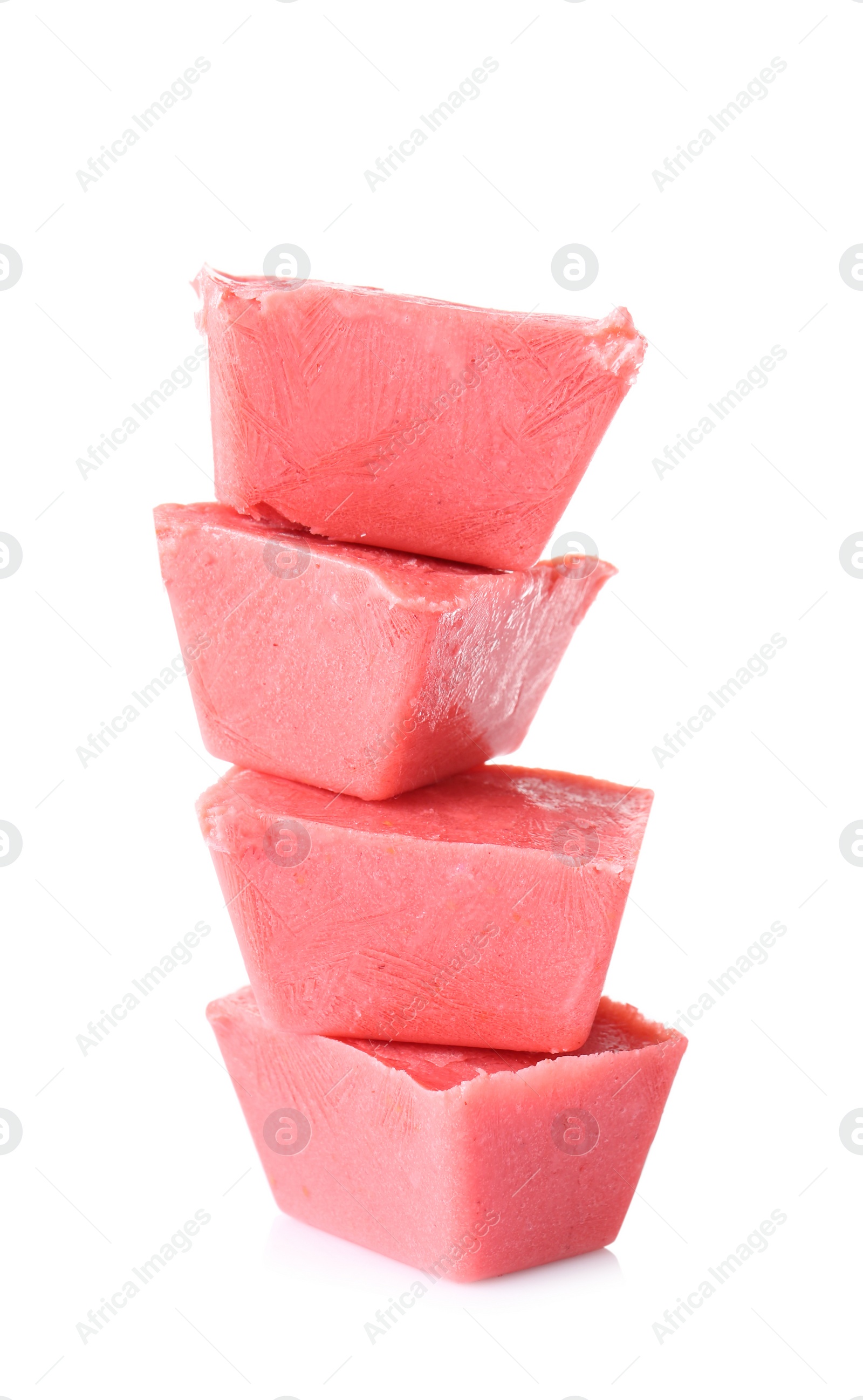 Photo of Tasty berry ice cubes on white background