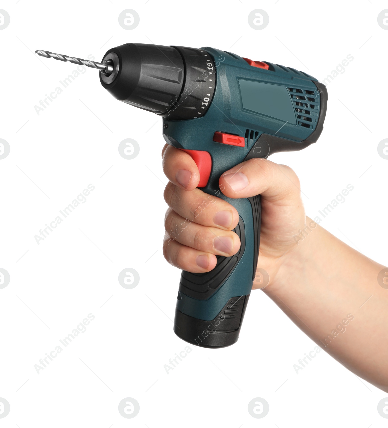 Photo of Man holding modern electric power drill on white background, closeup