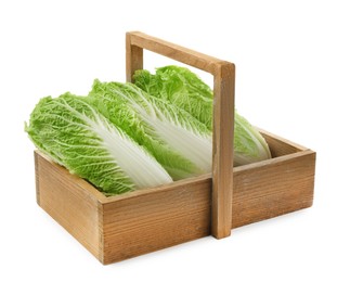 Photo of Fresh tasty Chinese cabbages in wooden crate on white background