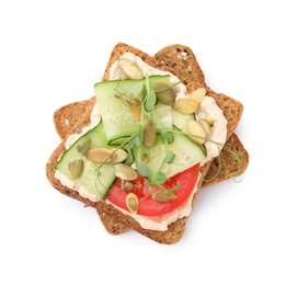 Photo of Tasty vegan sandwich with cucumber, tomato and pumpkin seeds isolated on white, top view