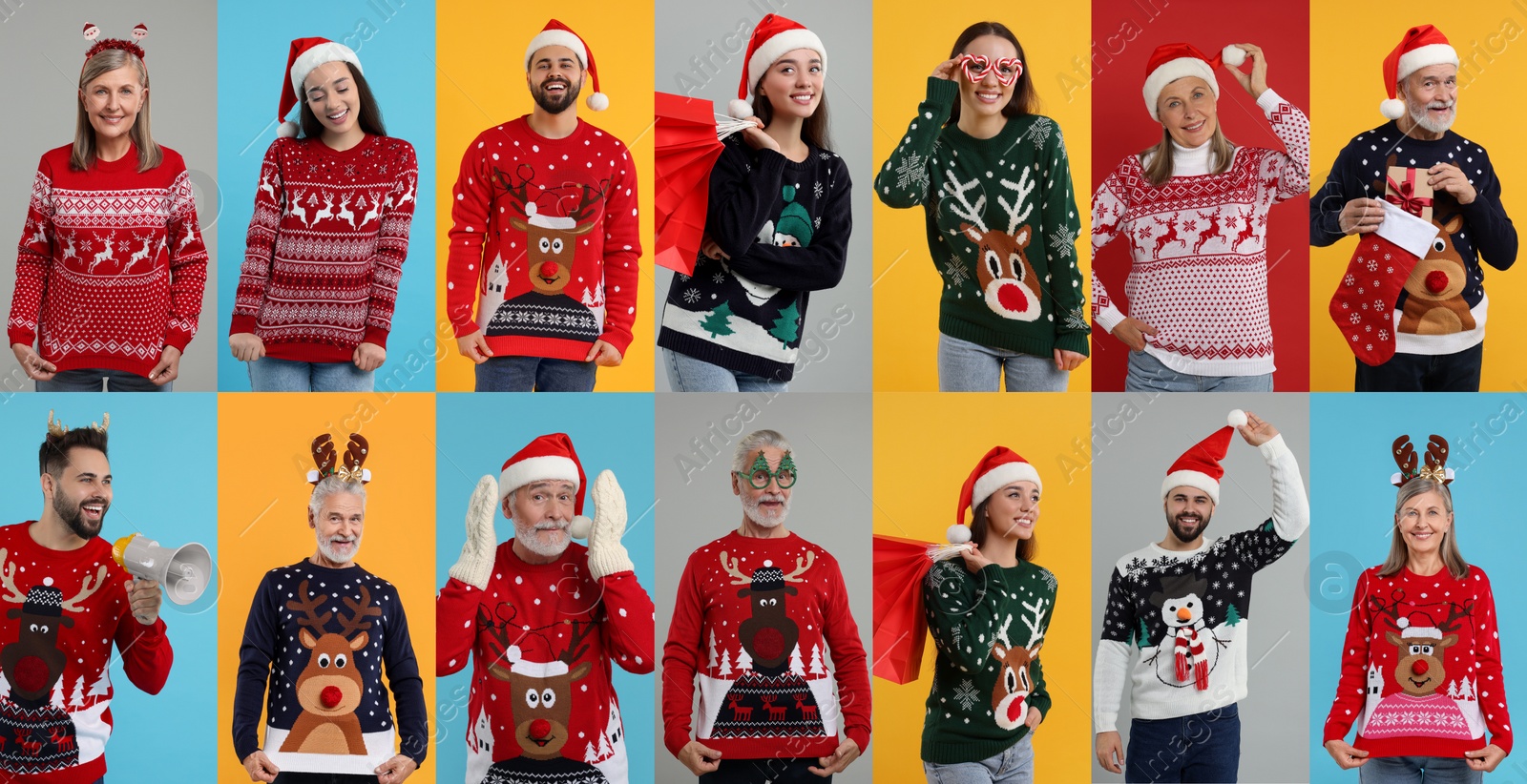 Image of People in Christmas sweaters on color backgrounds, set of photos