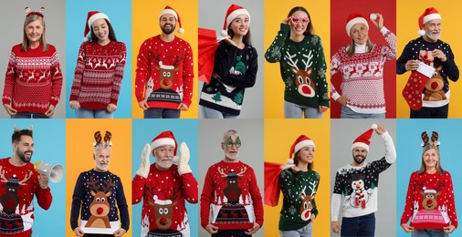 People in Christmas sweaters on color backgrounds, set of photos