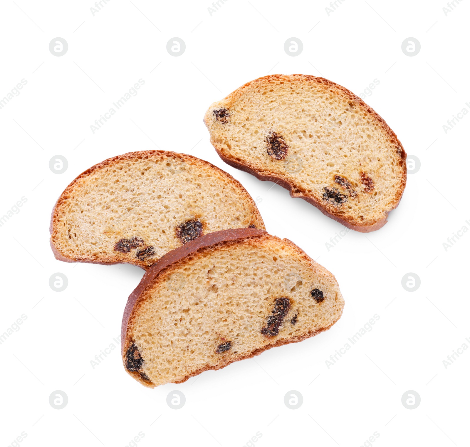 Photo of Sweet hard chuck crackers with raisins on white background, top view