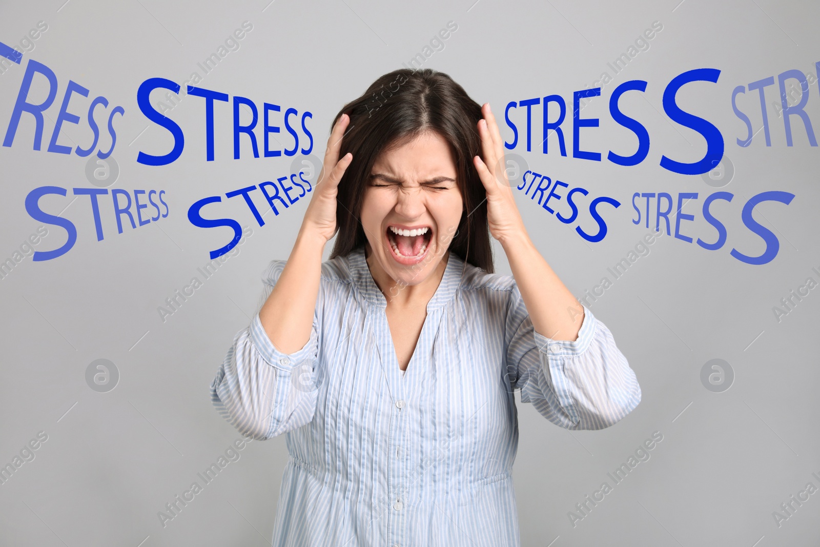 Image of Stressed young woman and text on light grey background