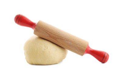 Photo of Raw dough and rolling pin isolated on white