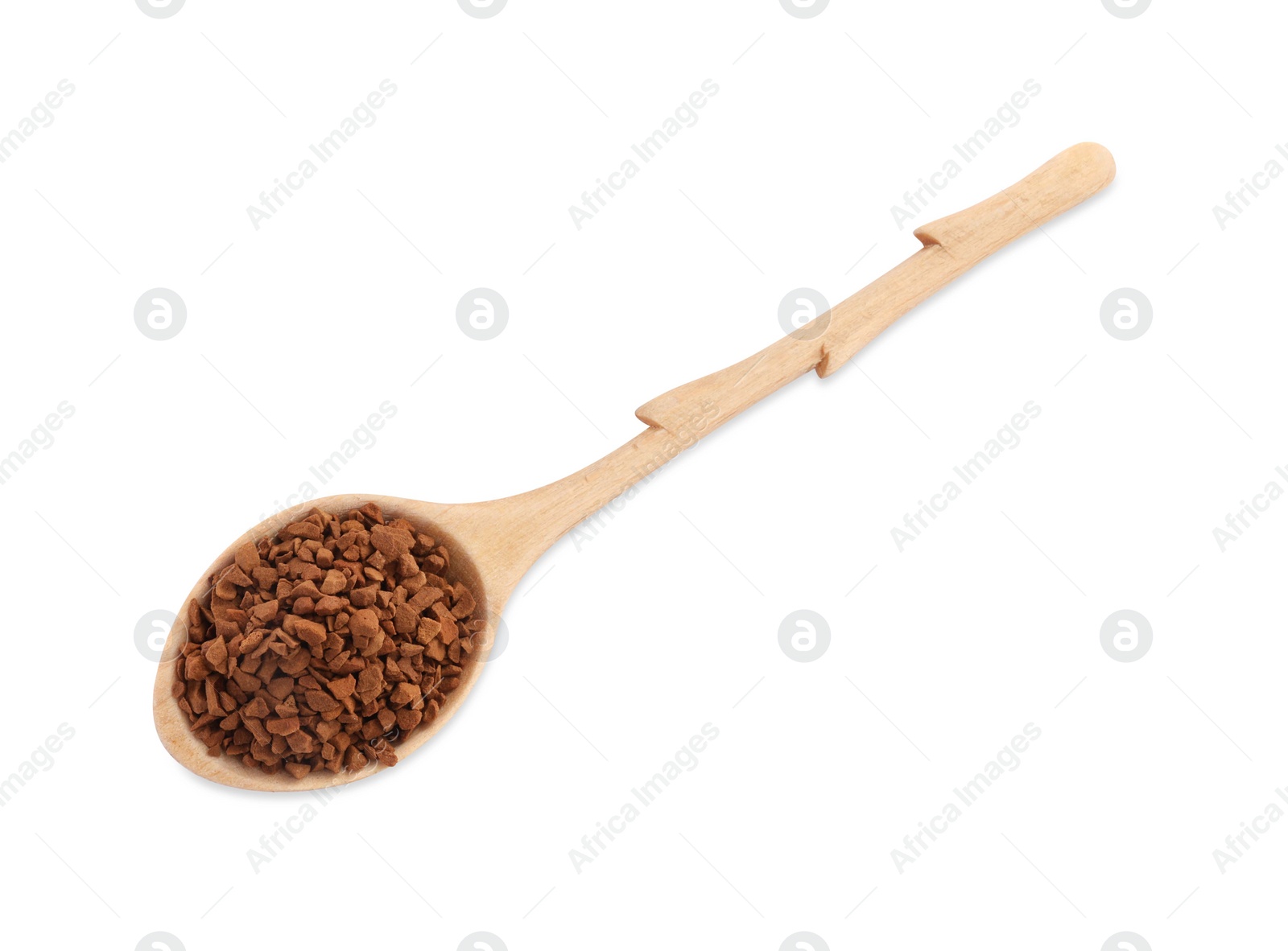 Photo of Wooden spoon with aromatic instant coffee isolated on white, top view