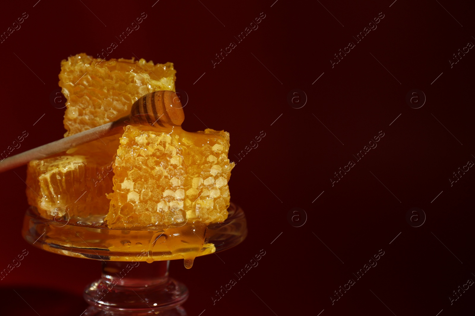 Photo of Natural honeycombs and wooden dipper on glass stand against burgundy background, space for text