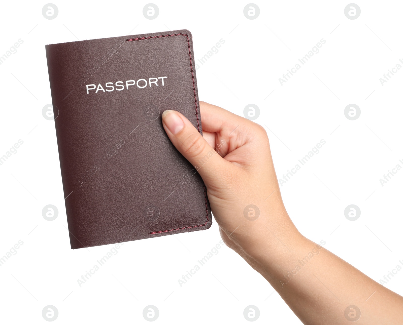 Photo of Woman holding passport in brown leather case on white background, closeup