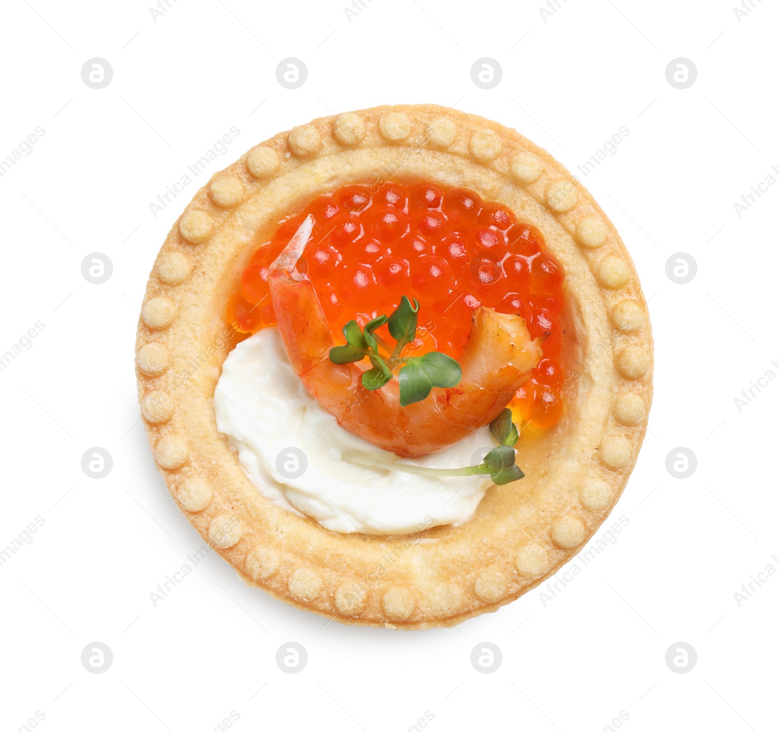 Photo of Delicious canape with shrimp, red caviar and cream cheese isolated on white, top view