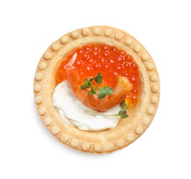 Delicious canape with shrimp, red caviar and cream cheese isolated on white, top view