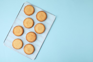 Photo of Tasty sweet sugar cookies on light blue background, top view. Space for text