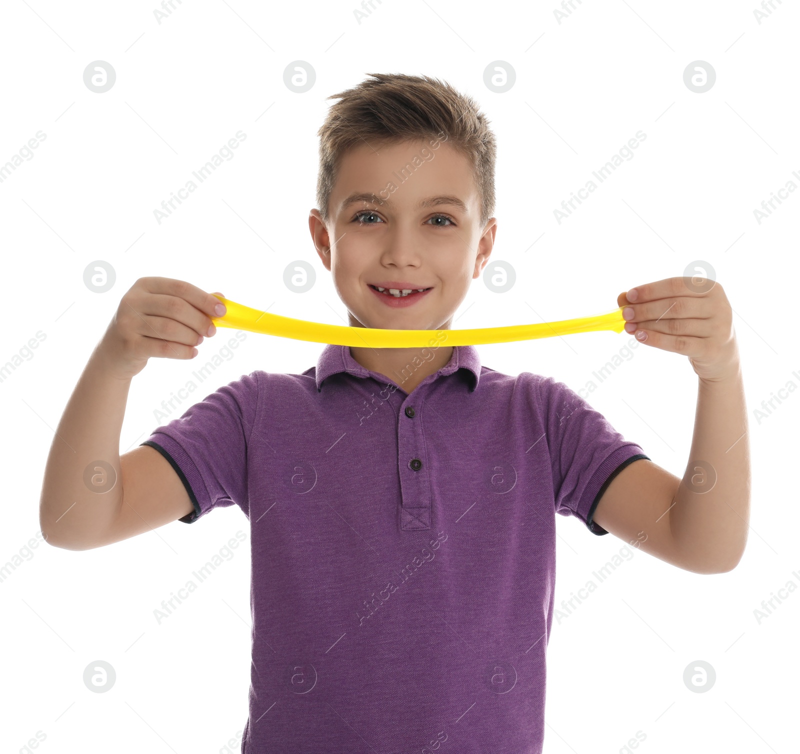 Photo of Little boy with slime on white background