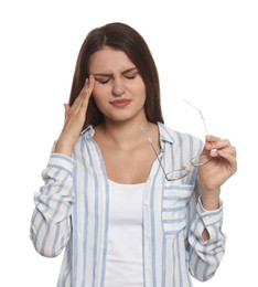 Photo of Young woman suffering from eyestrain on white background