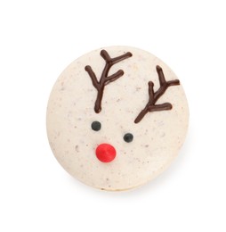 Photo of Tasty reindeer Christmas macaron isolated on white, top view