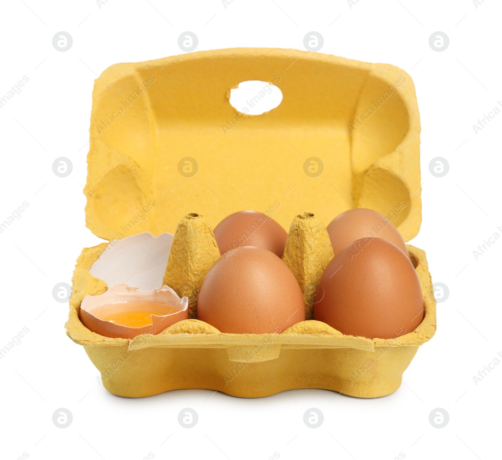 Photo of Chicken eggs in carton isolated on white