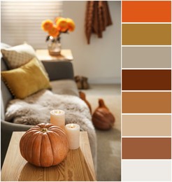 Image of Palette of autumn colors and pumpkin and burning candles on wooden table in living room
