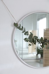 Stylish mirror decorated with beautiful eucalyptus garland on white wall