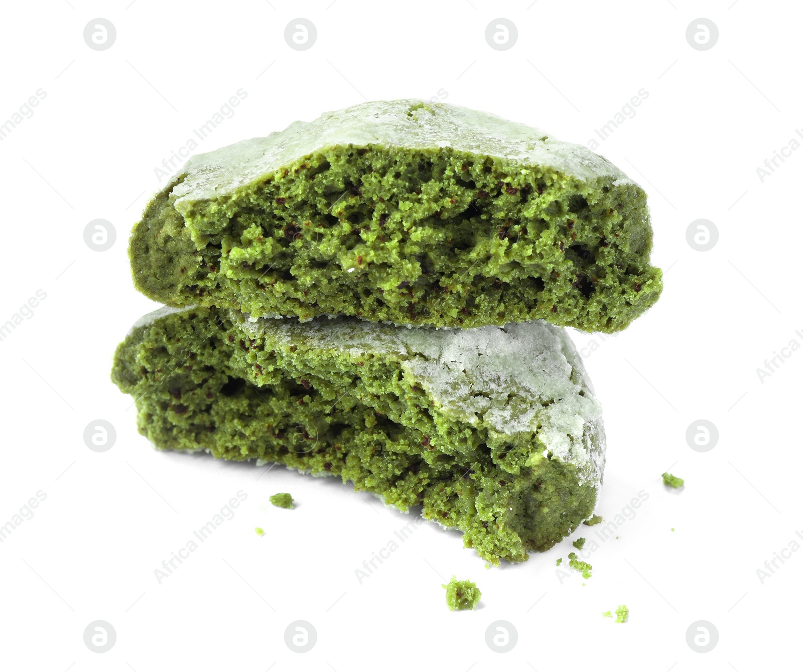 Photo of Tasty broken matcha cookie on white background