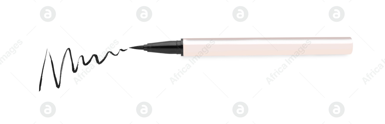 Photo of Eyeliner marker and stroke on white background, top view. Makeup product