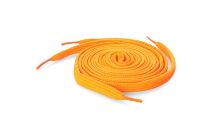 Photo of Orange shoe laces isolated on white. Stylish accessory
