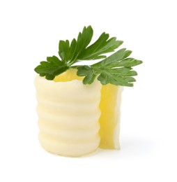 Photo of Tasty butter curl and fresh parsley isolated on white