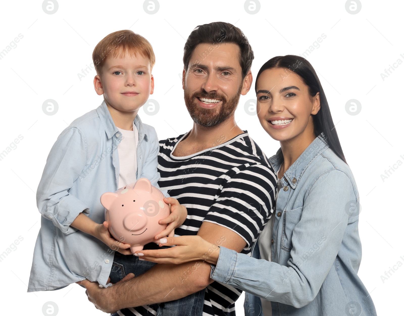 Photo of Happy family with ceramic piggy bank on white background